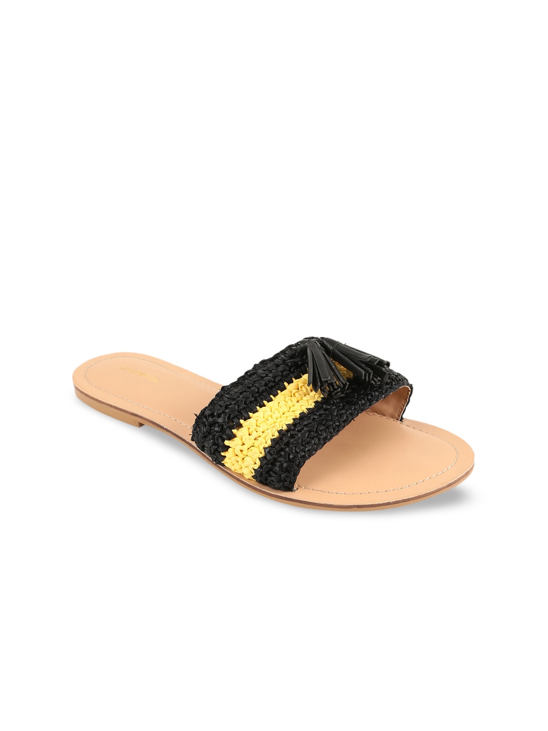 

Chumbak Women Black & Yellow Woven Design Open Toe Flats
