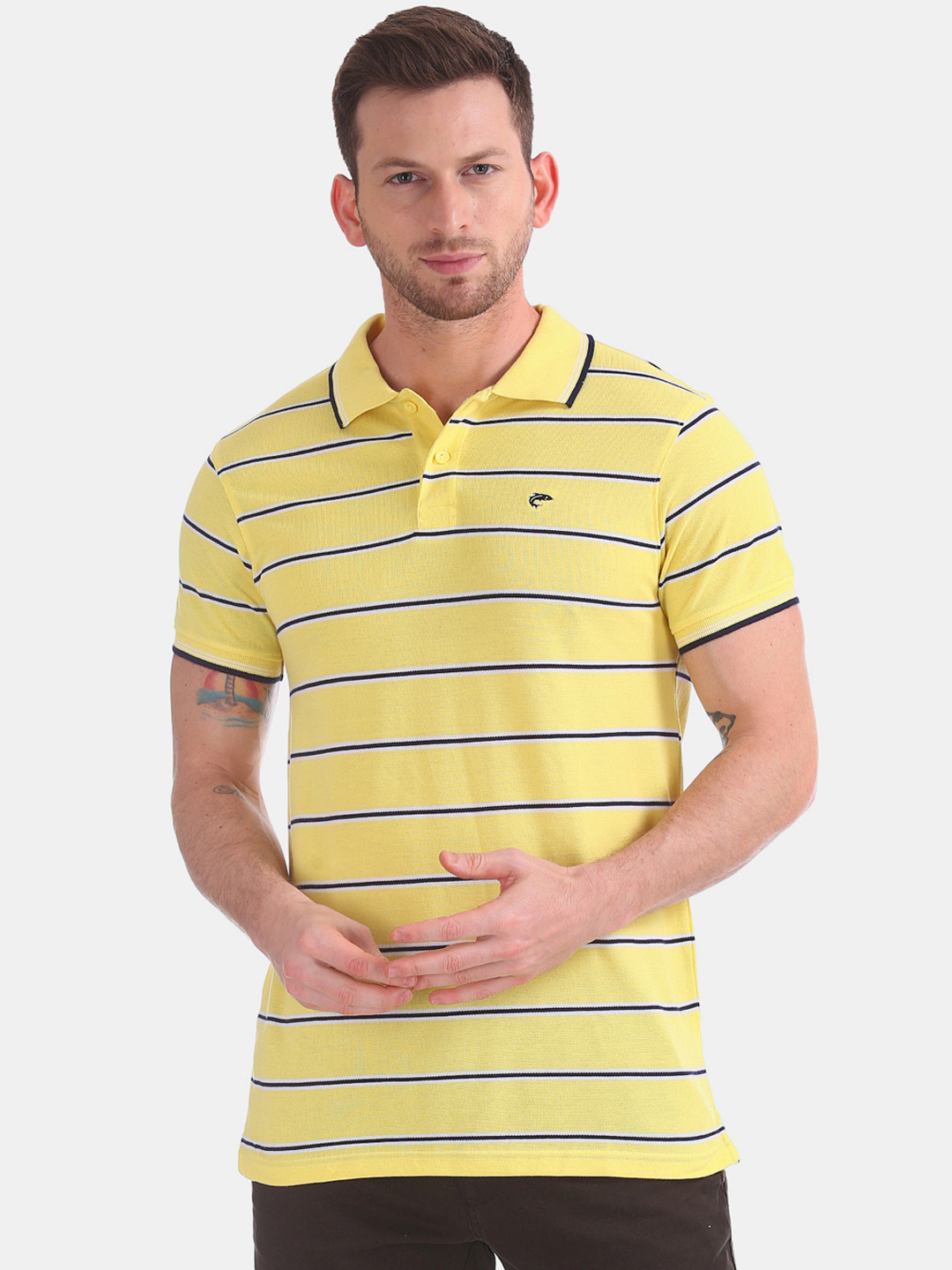 

Ruggers Men Yellow & Black Striped Polo Collar T-shirt