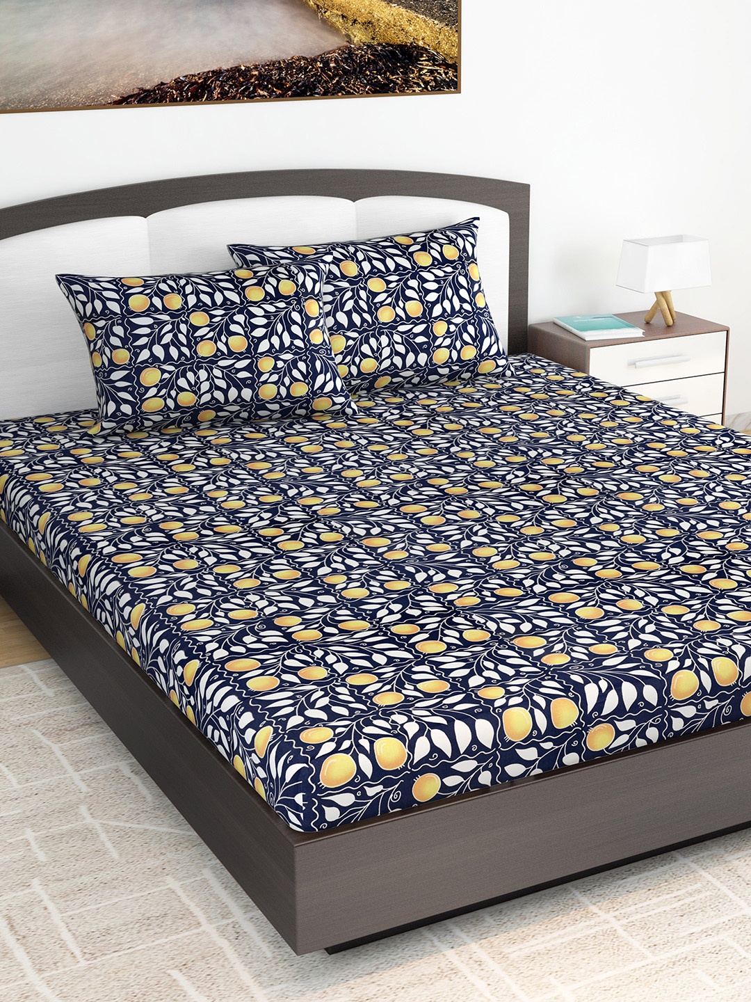 

Divine Casa Navy Blue & White Floral 120 TC 1 King Bedsheet with 2 Pillow Covers