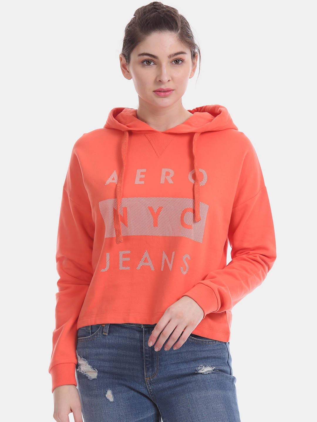 

Aeropostale Women Orange & White Printed Hooded Pullover Sweatshirt