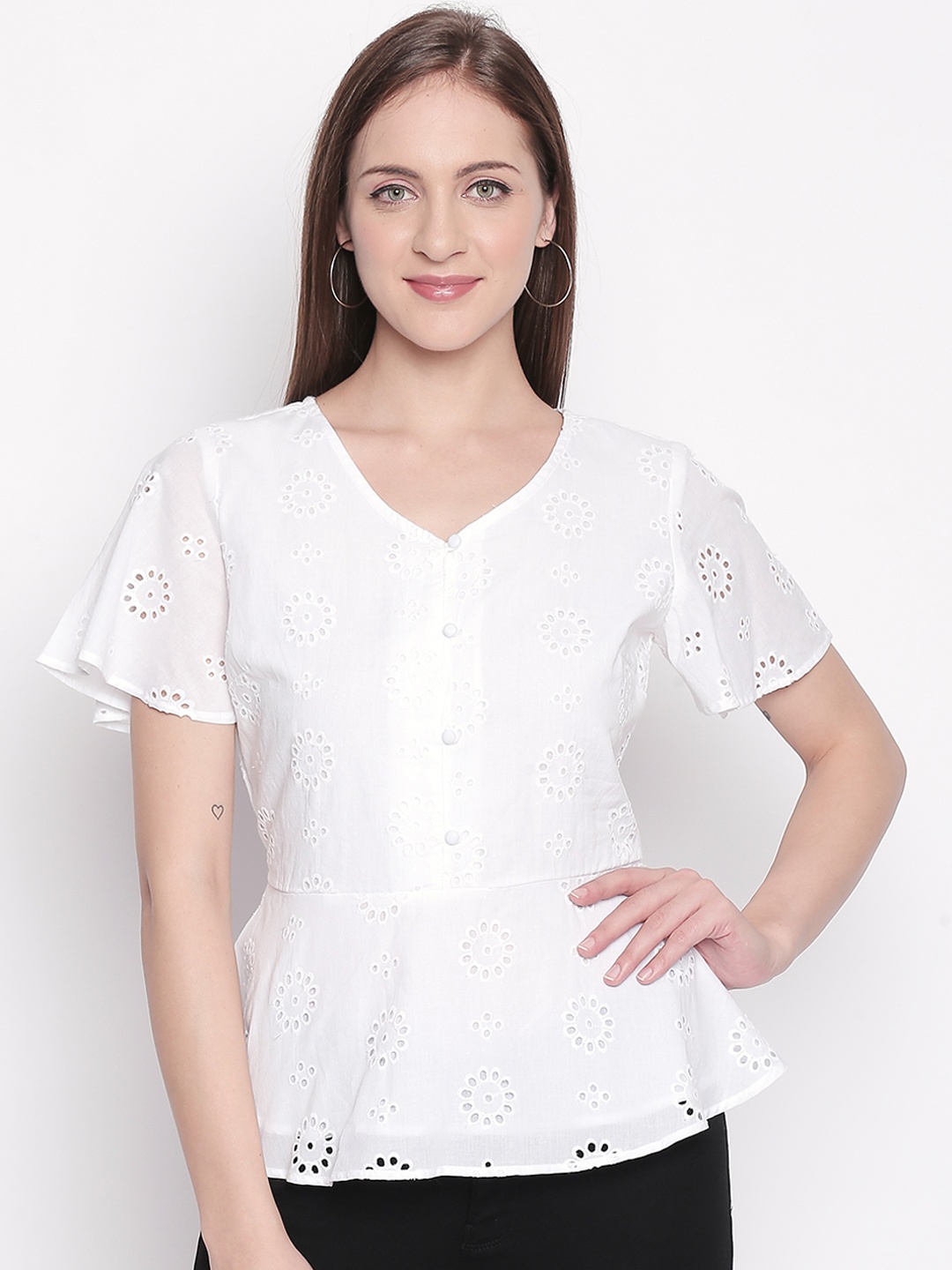 

Honey by Pantaloons Women White Self Design Peplum Top