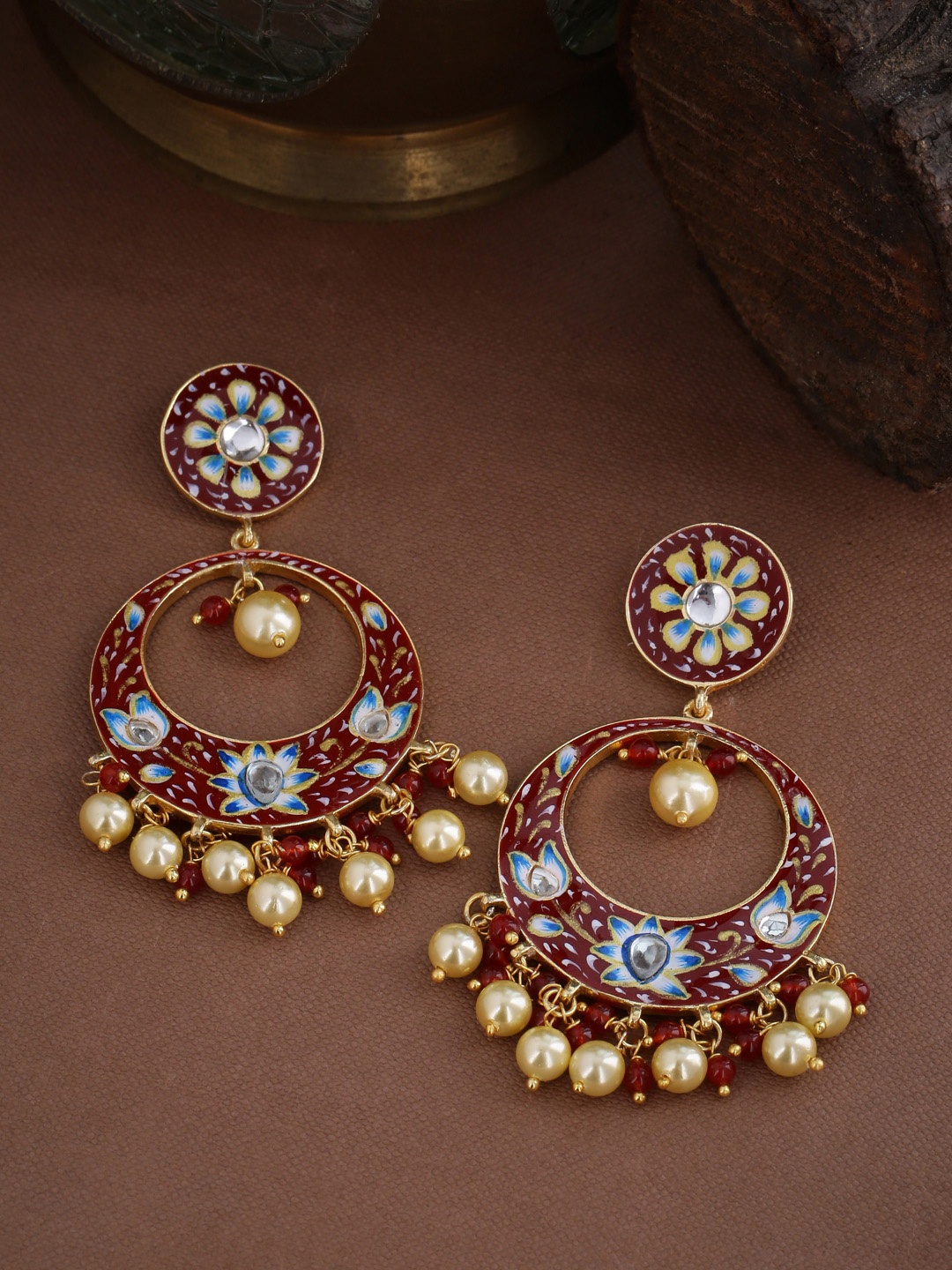 

Tistabene Brown & Blue Gold-Plated Meenakari Hand Painted Geometric Chandbalis