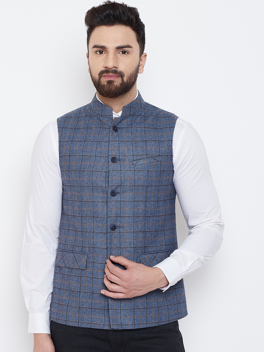 

Spirit Men Blue Checked Woven Nehru Jacket