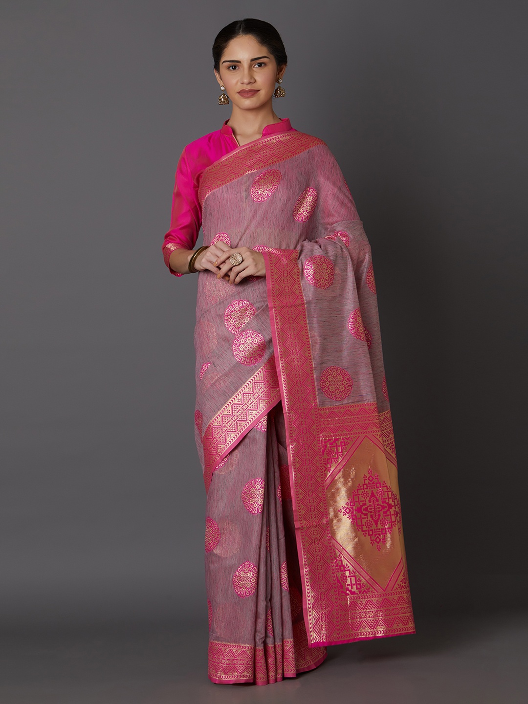 

Mitera Pink Silk Blend Woven Design Kanjeevaram Saree