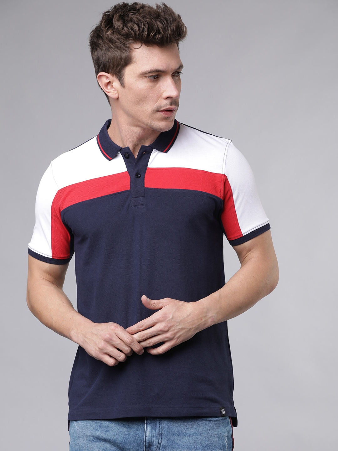 

LOCOMOTIVE Men White Red Colourblocked Polo Pure Cotton T-shirt