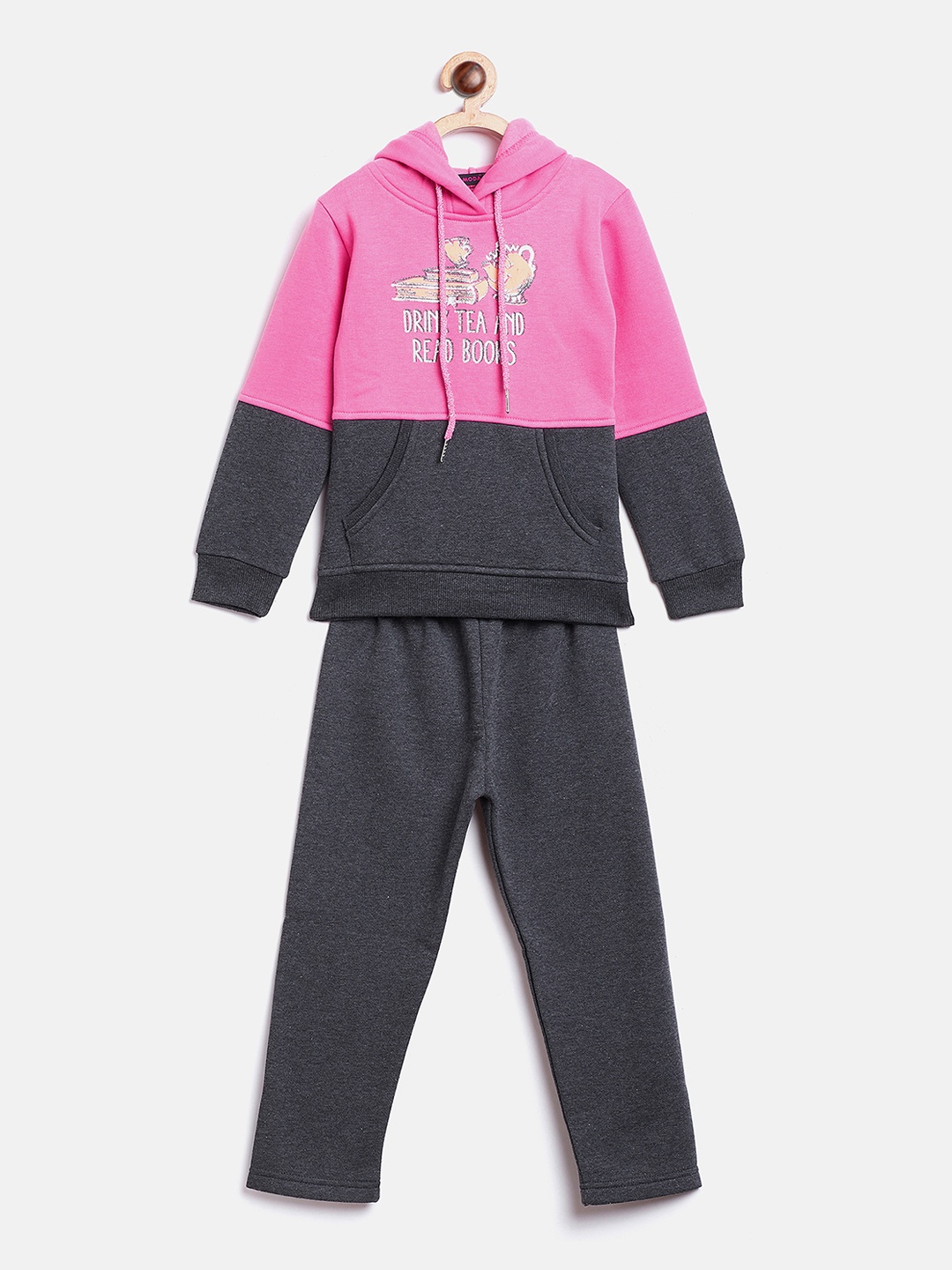 

Nins Moda Girls Pink & Charcoal Grey Colourblocked Fleece Hooded Tracksuit