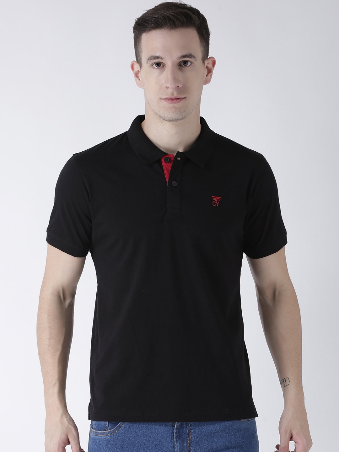 Club York Men Black Solid Polo Collar T-shirt