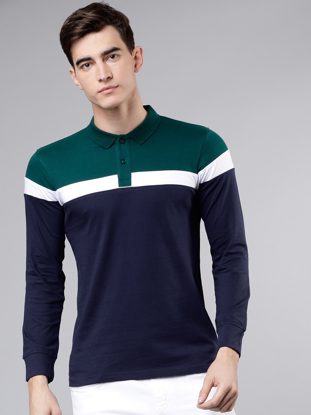 

LOCOMOTIVE Men Navy Blue Colourblocked Polo Collar T-shirt