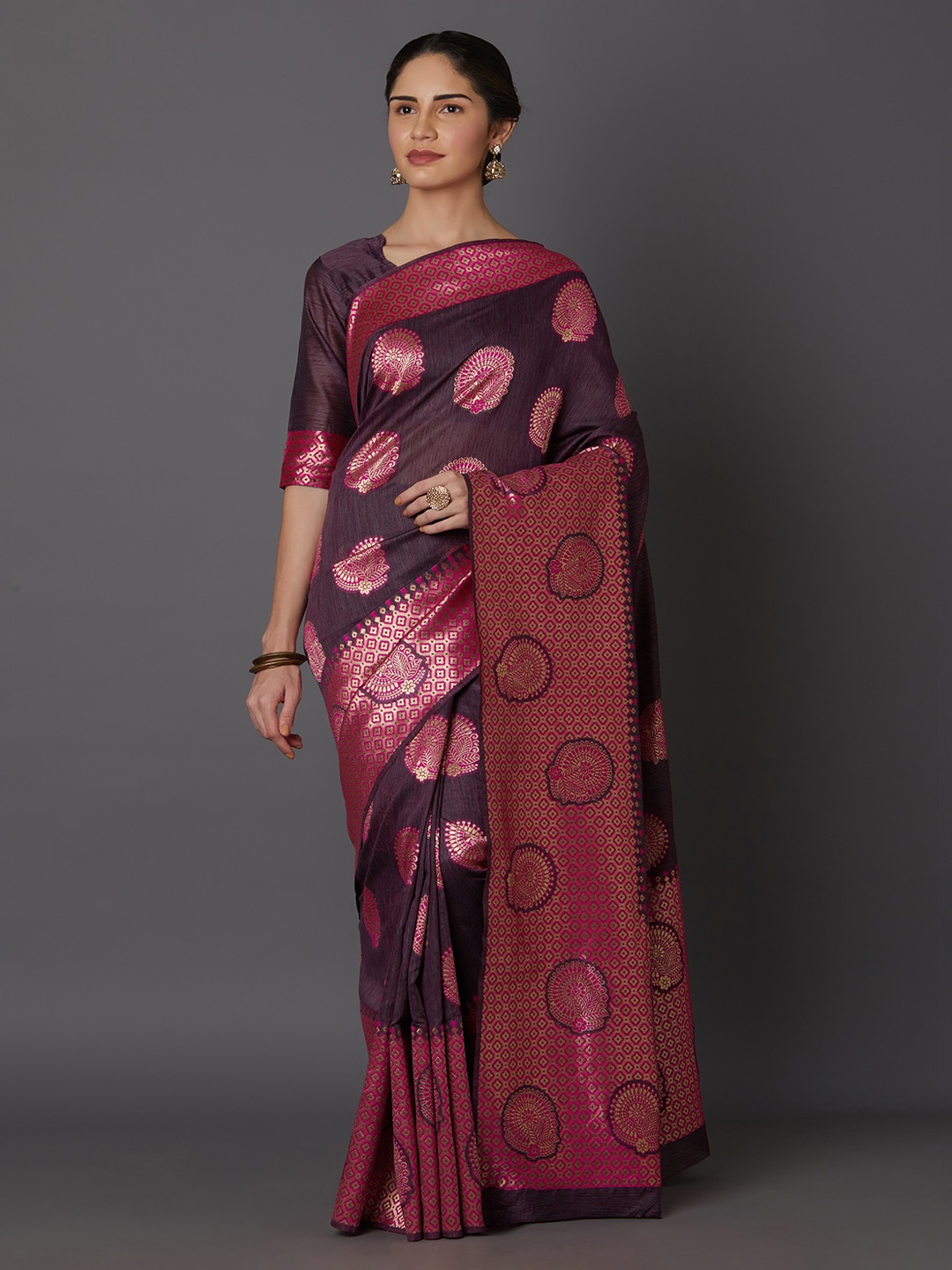 

Mitera Burgundy & Pink Silk Blend Woven Design Kanjeevaram Saree
