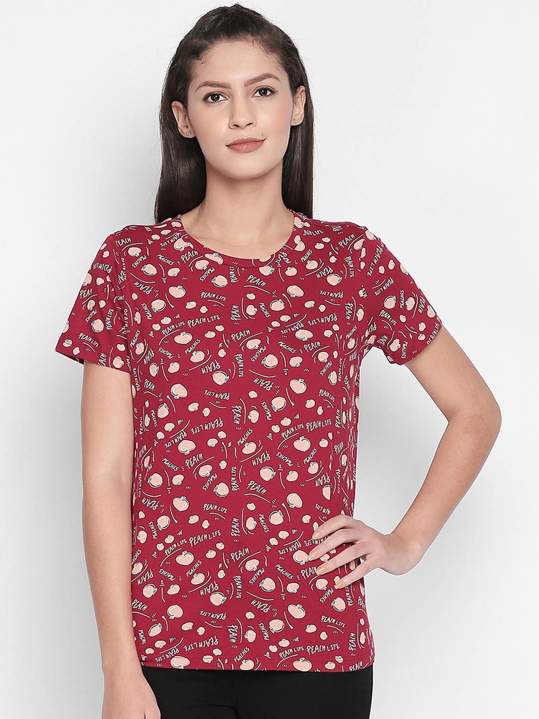 

Honey by Pantaloons Women Red Printed Round Neck Pure Cotton T-shirt