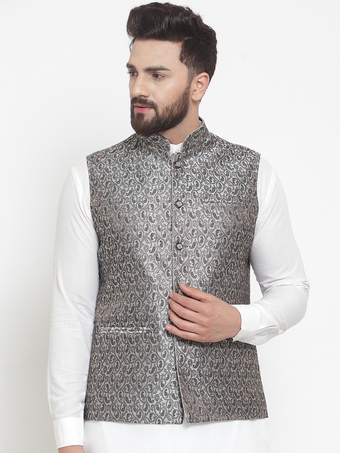 

TREEMODA Men Black & Grey Woven Design Nehru Jacket