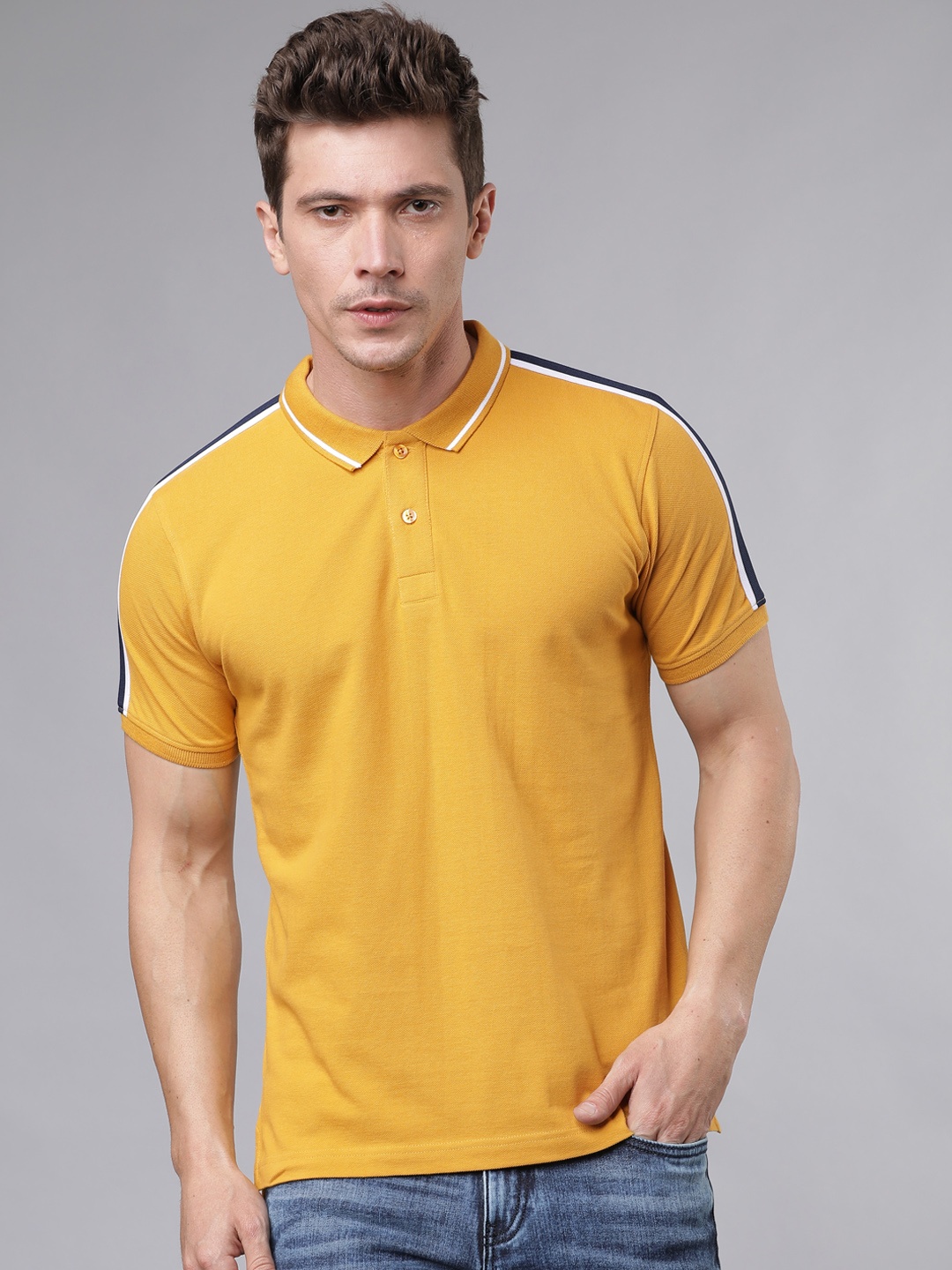 

LOCOMOTIVE Men Mustard Yellow Solid Polo Collar T-shirt