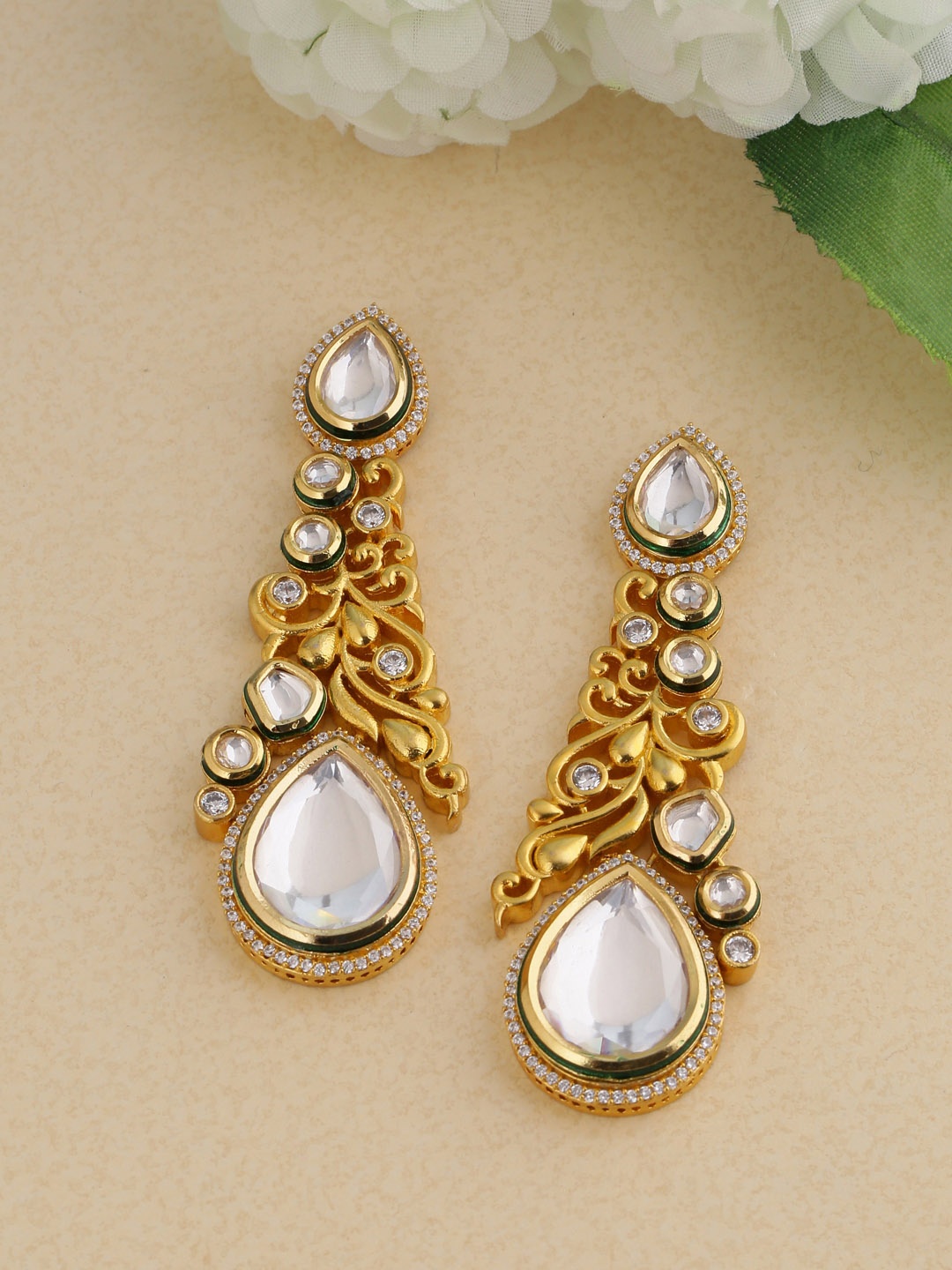 Tistabene Gold-Plated & White Teardrop Shaped Drop Earrings