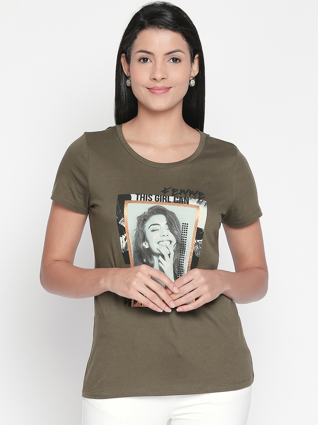 Honey by Pantaloons Women Green Printed Round Neck Pure Cotton T-shirt