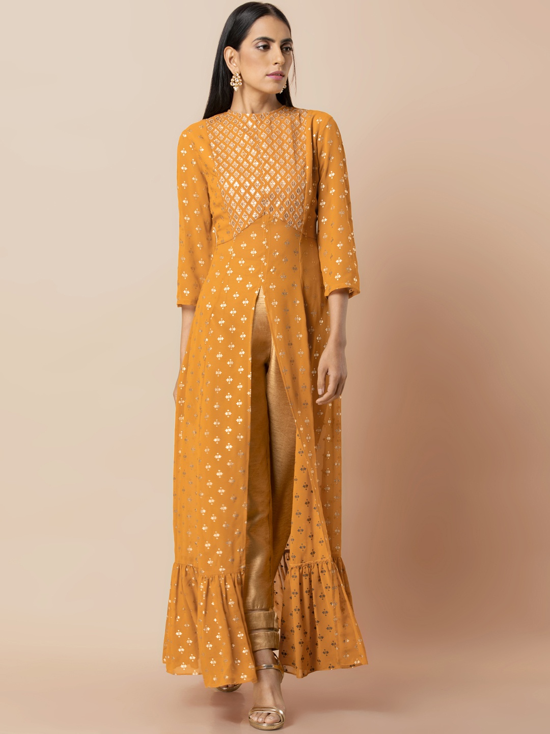 

INDYA Mustard Foil Sequined Yoke High Slit Tunic, Yellow