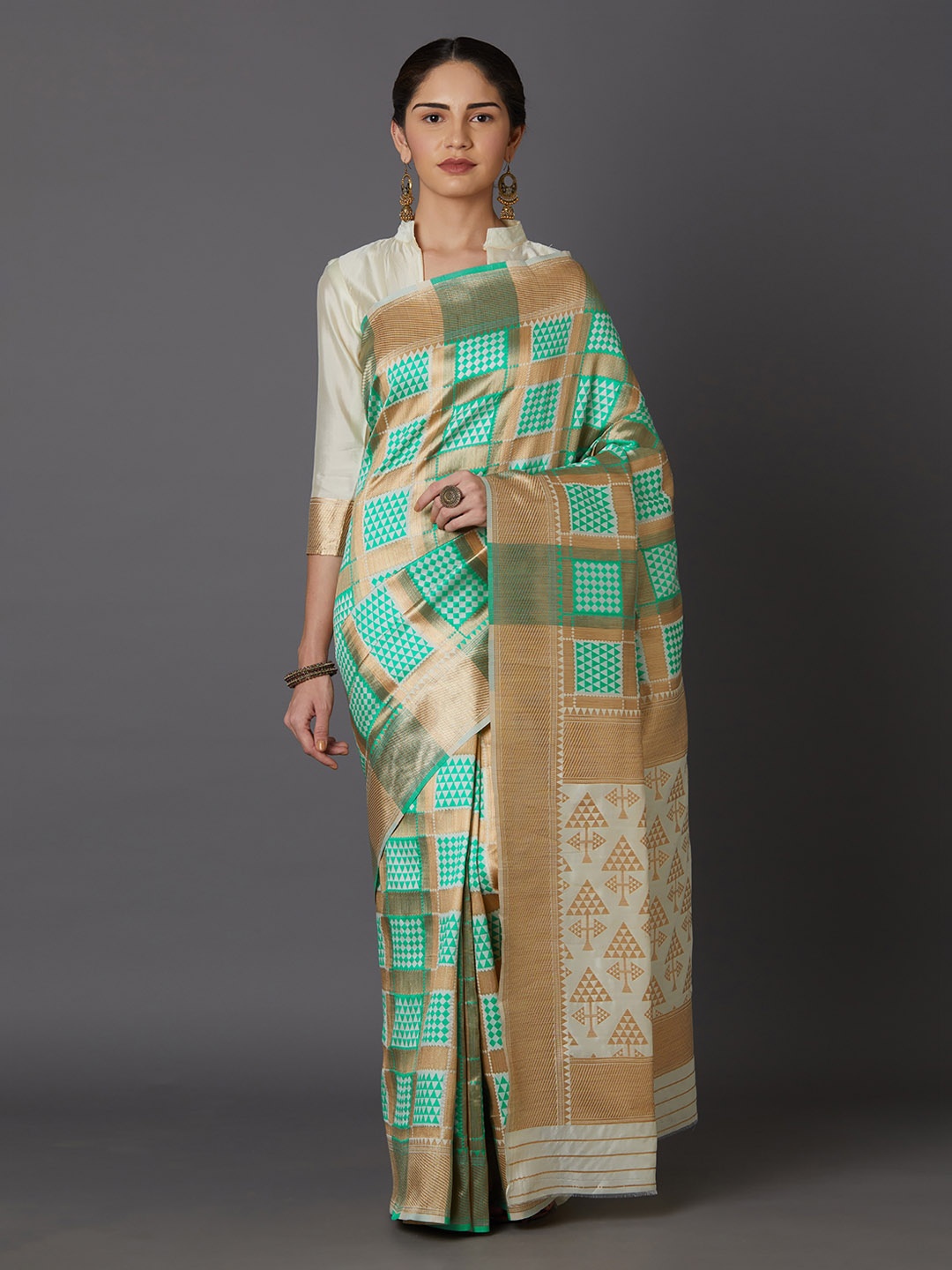 Mitera Sea Green & Gold-Toned Silk Blend Woven Design Kanjeevaram Saree