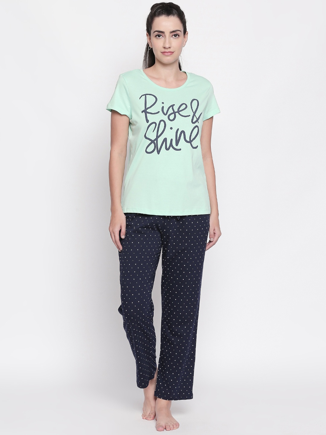 

Dreamz by Pantaloons Women Sea Green & Navy Blue Printed Night suit