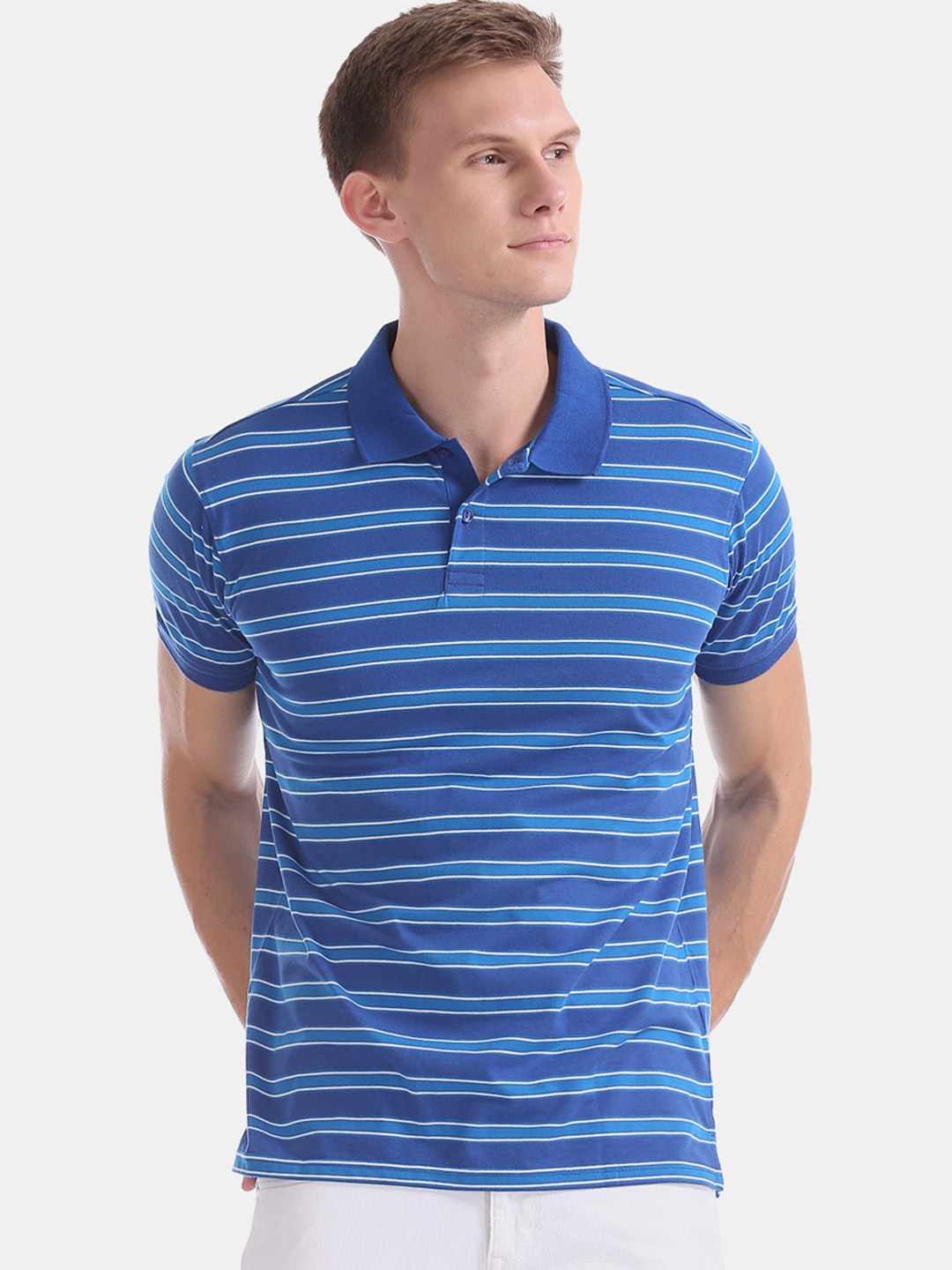 

Ruggers Men Blue Striped Polo Collar T-shirt