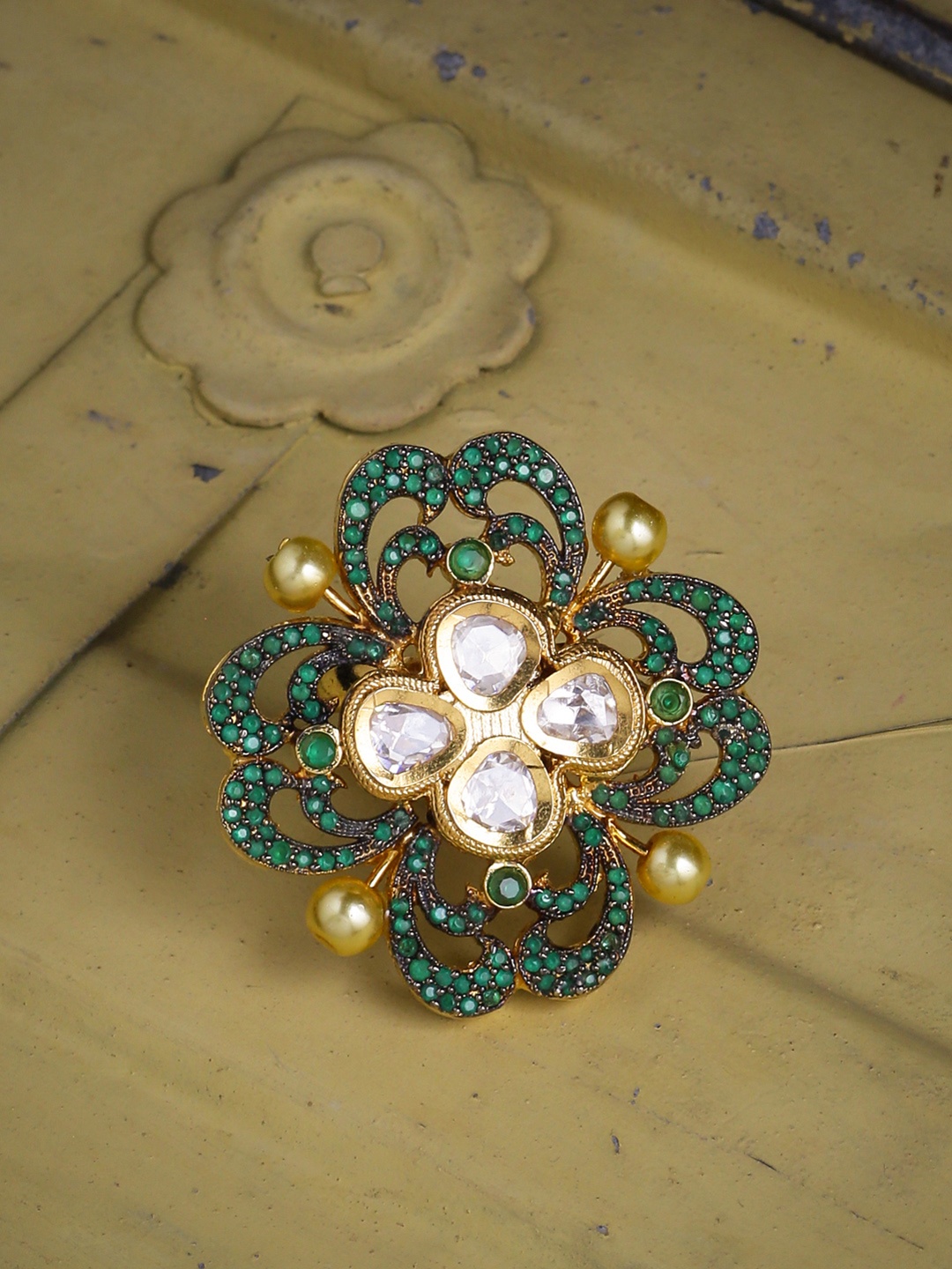 

Tistabene Gold-Plated Green & White Stone & Pearl Embellished Finger Ring