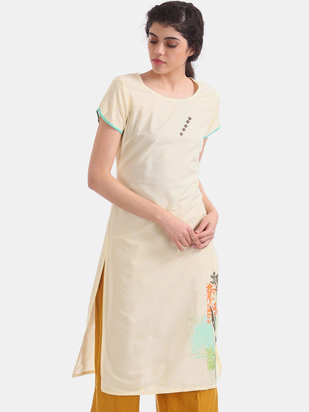 

Karigari Women Cream-Coloured Printed Straight Kurta
