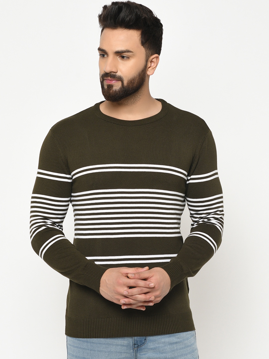 ARMISTO Men Olive Green & White Striped Pullover Sweater