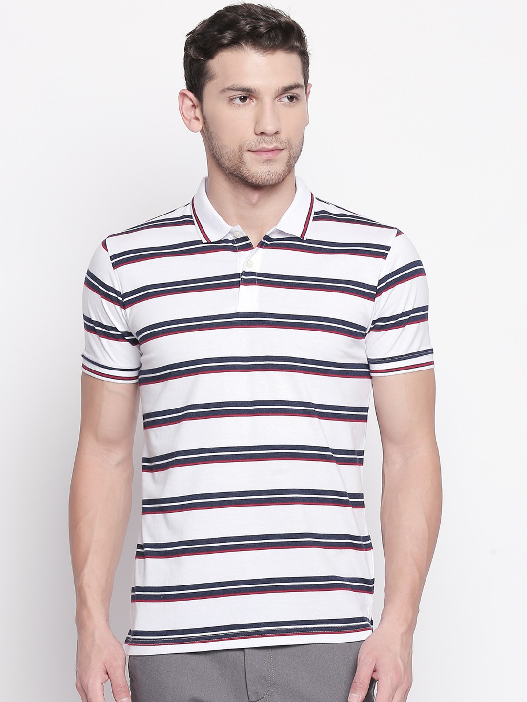 

BYFORD by Pantaloons Men White & Red Striped Polo Collar T-shirt