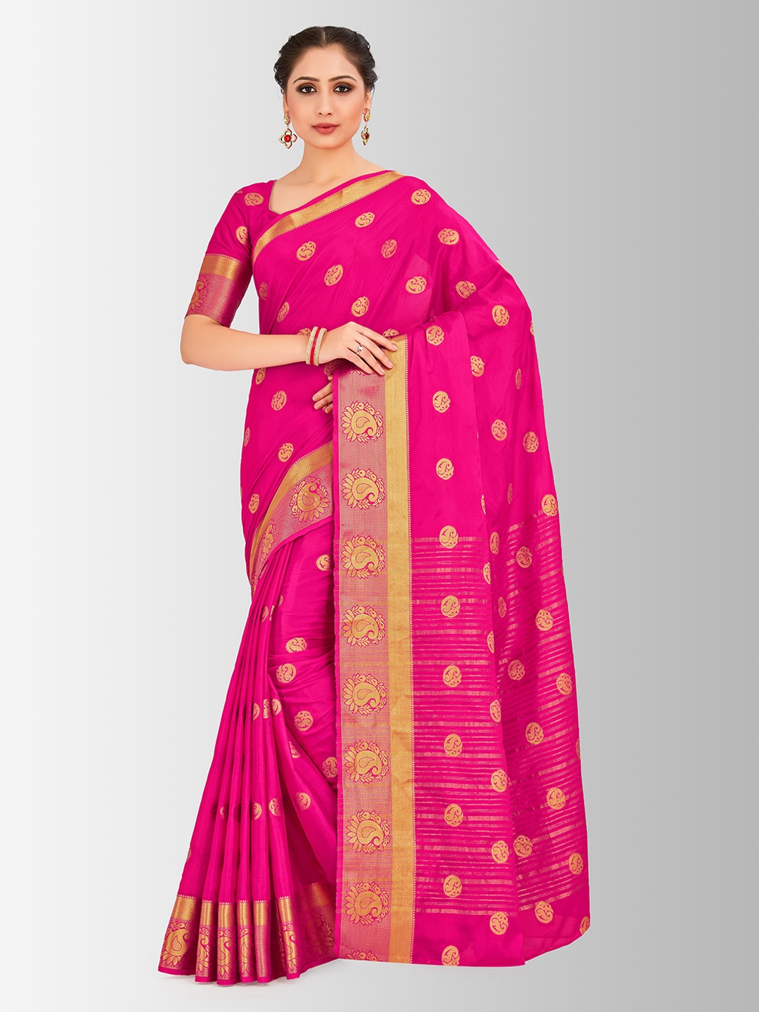 

MIMOSA Pink & Gold-Toned Poly Crepe Woven Design Mysore Silk Saree