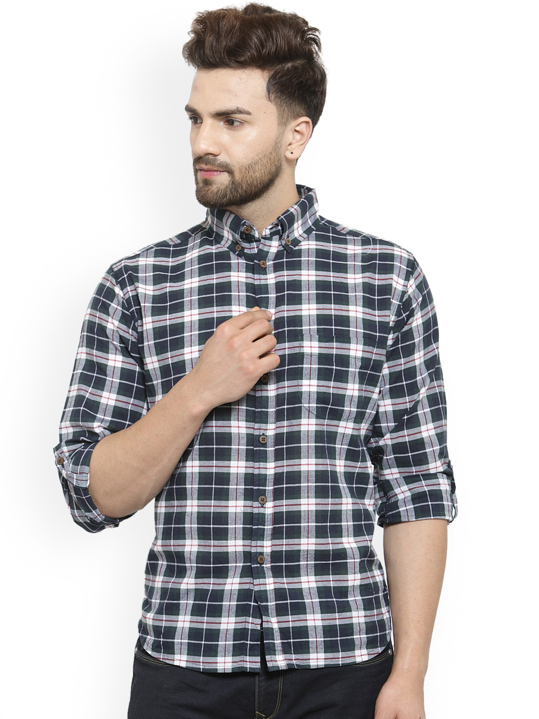 

Purple State Men Blue & Grey Slim Fit Checked Casual Shirt