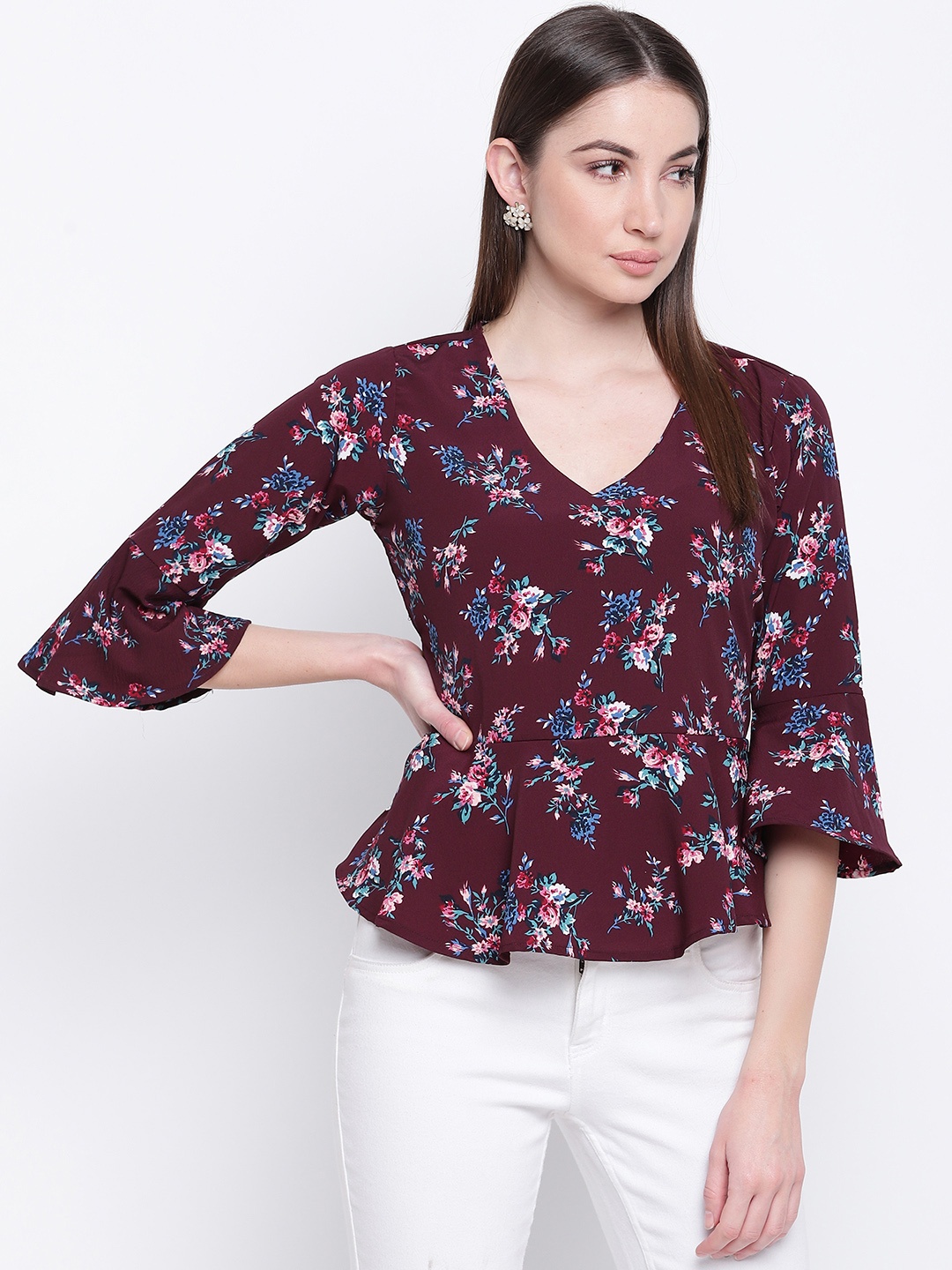 

Mayra Women Maroon Floral Printed Cinched Waist Top