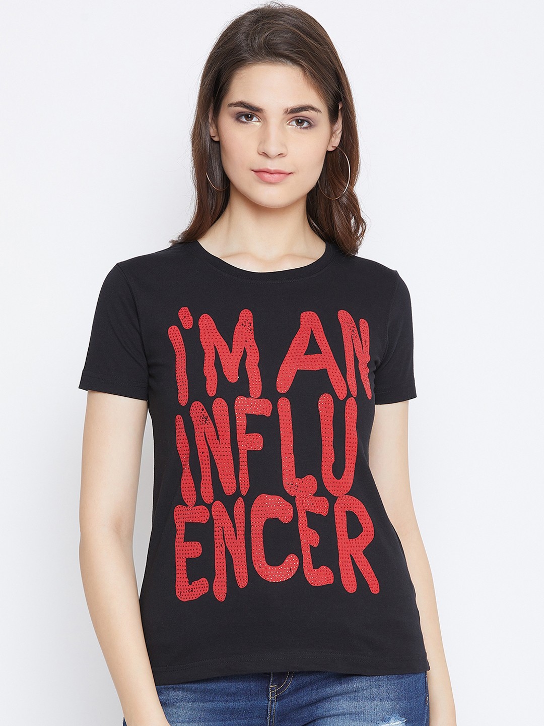

PUNK Women Black Printed Round Neck T-shirt