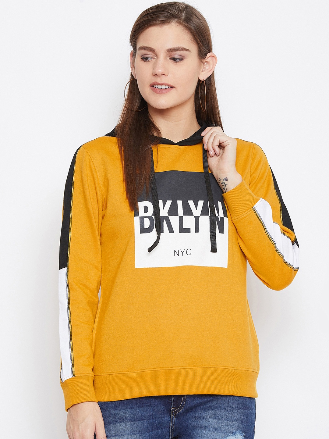

Austin wood Women Mustard Yellow Printed Rapid Dry Hooded Sweatshirt