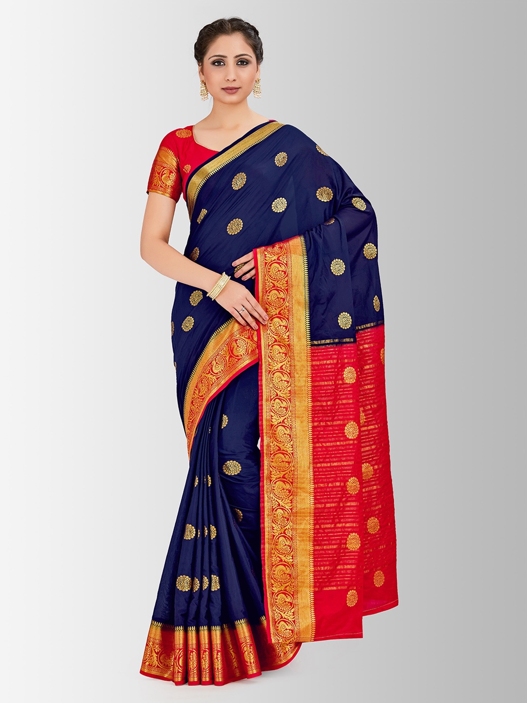 

MIMOSA Navy Blue & Gold-Toned Poly Crepe Woven Design Mysore Silk Saree