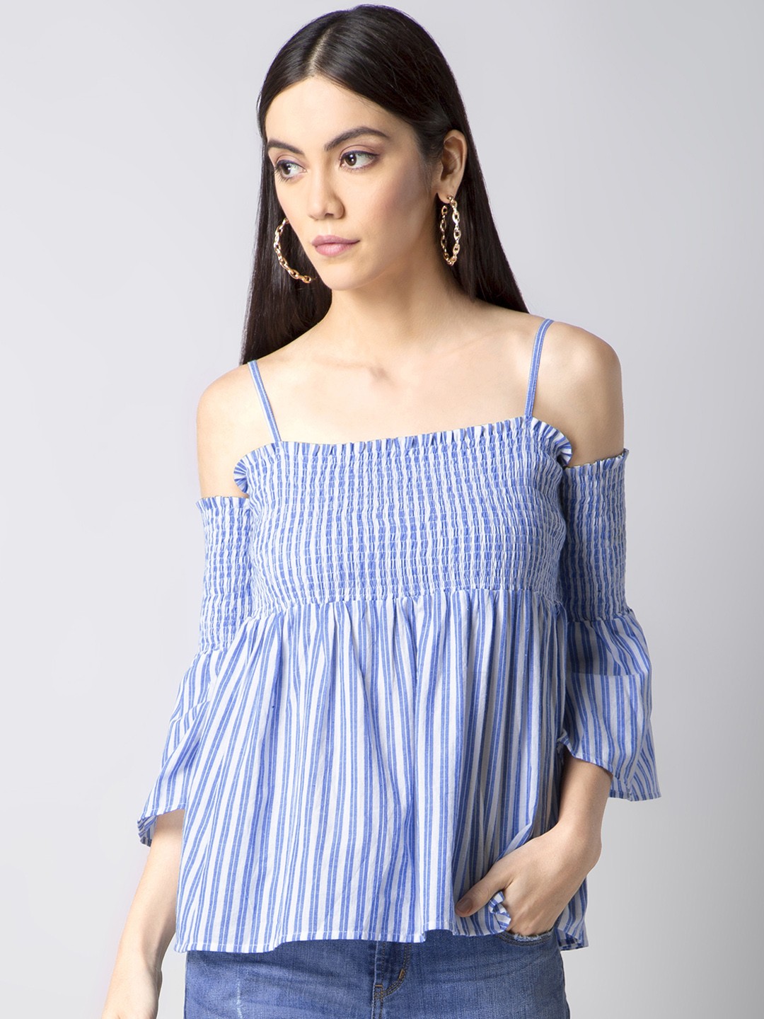 

FabAlley Women Blue Striped Pure Cotton Top