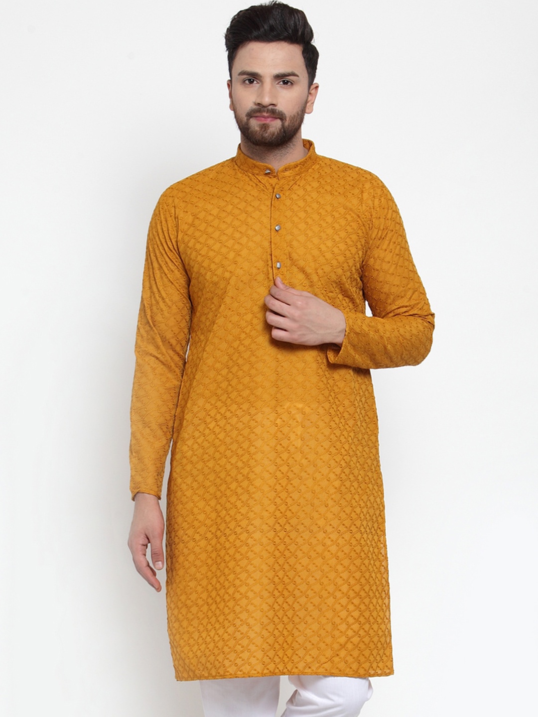 Jompers Men Yellow Printed Straight Kurta