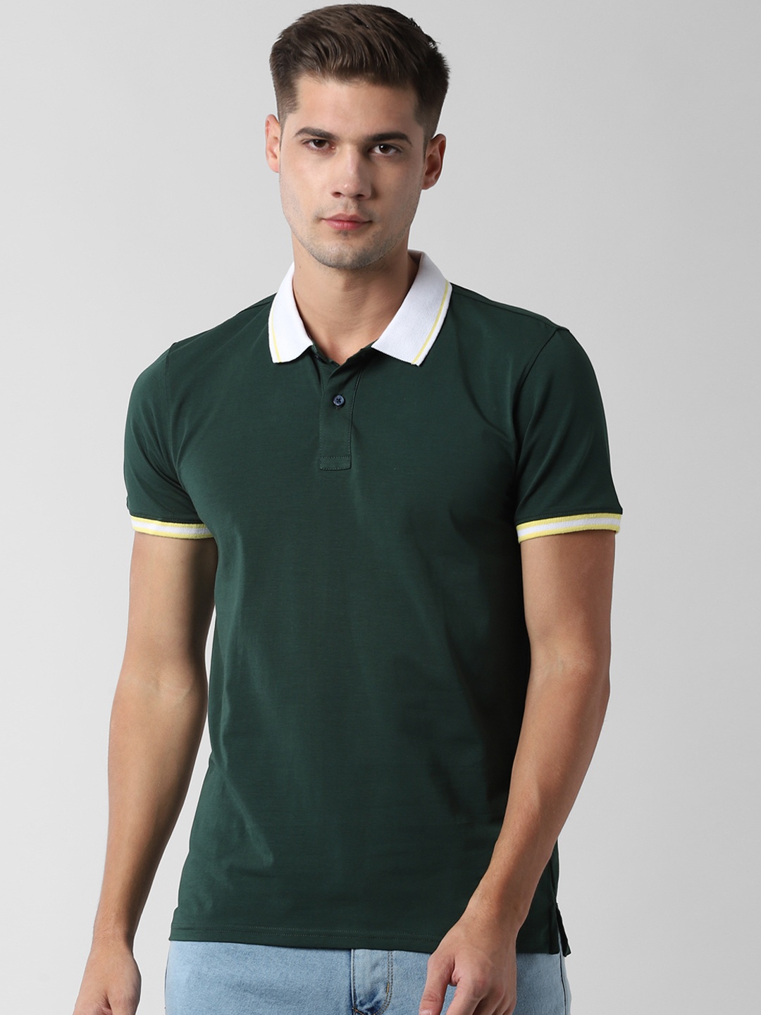 Peter England Casuals Men Green Solid Polo Collar T-shirt