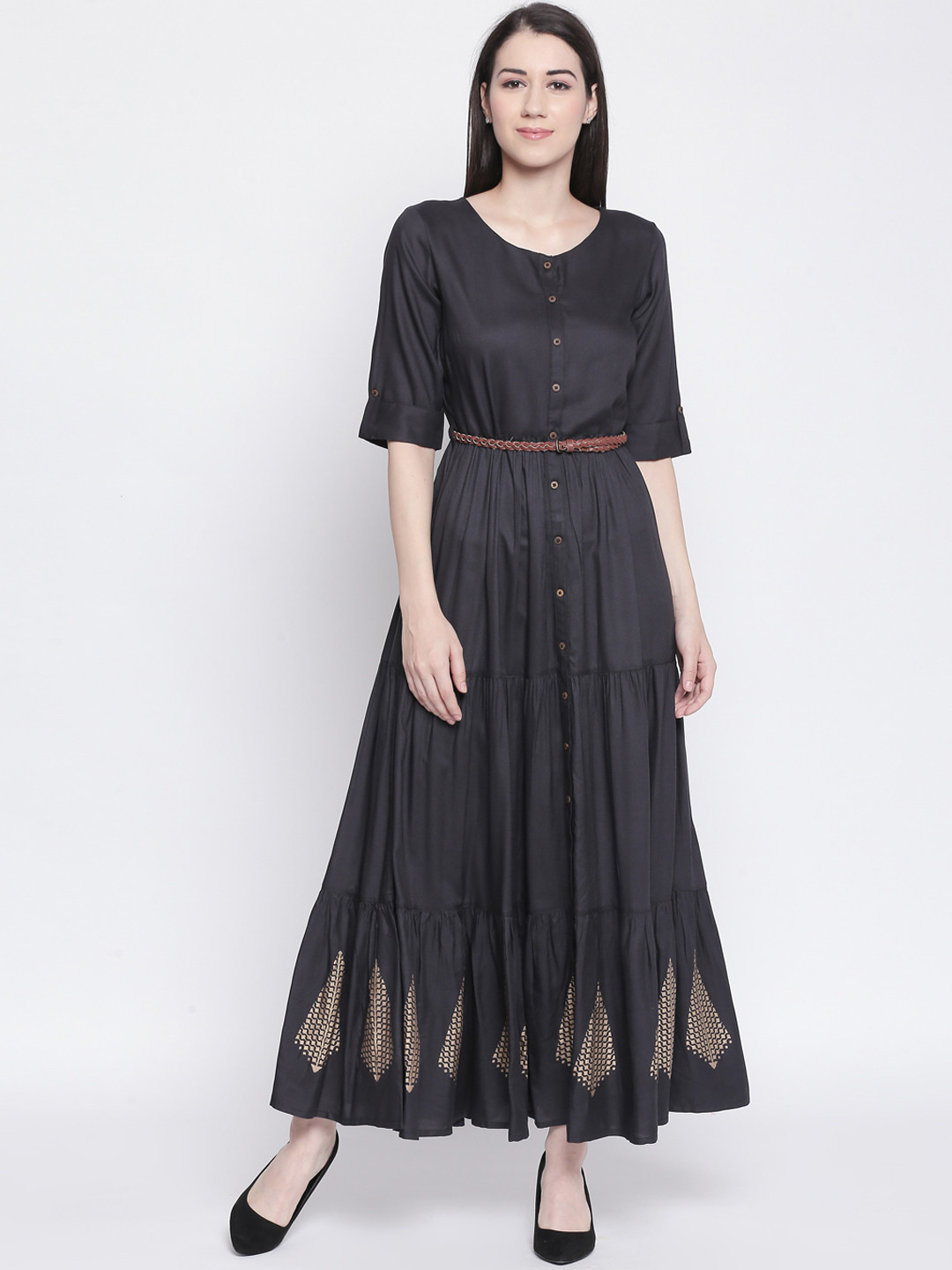 

AKKRITI BY PANTALOONS Women Charcoal Grey Tiered Solid Maxi Dress