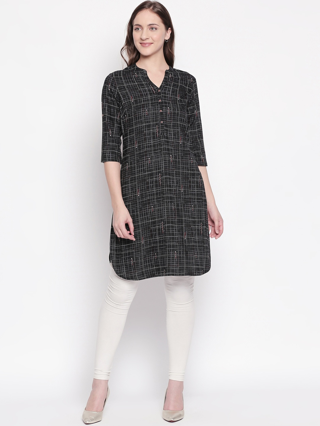 

RANGMANCH BY PANTALOONS Women Black & White Checked Straight Kurta