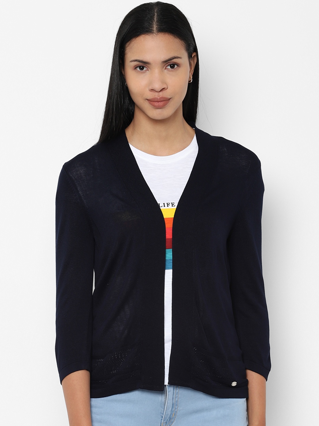 

Allen Solly Woman Women Navy Blue Solid Open Front Shrug
