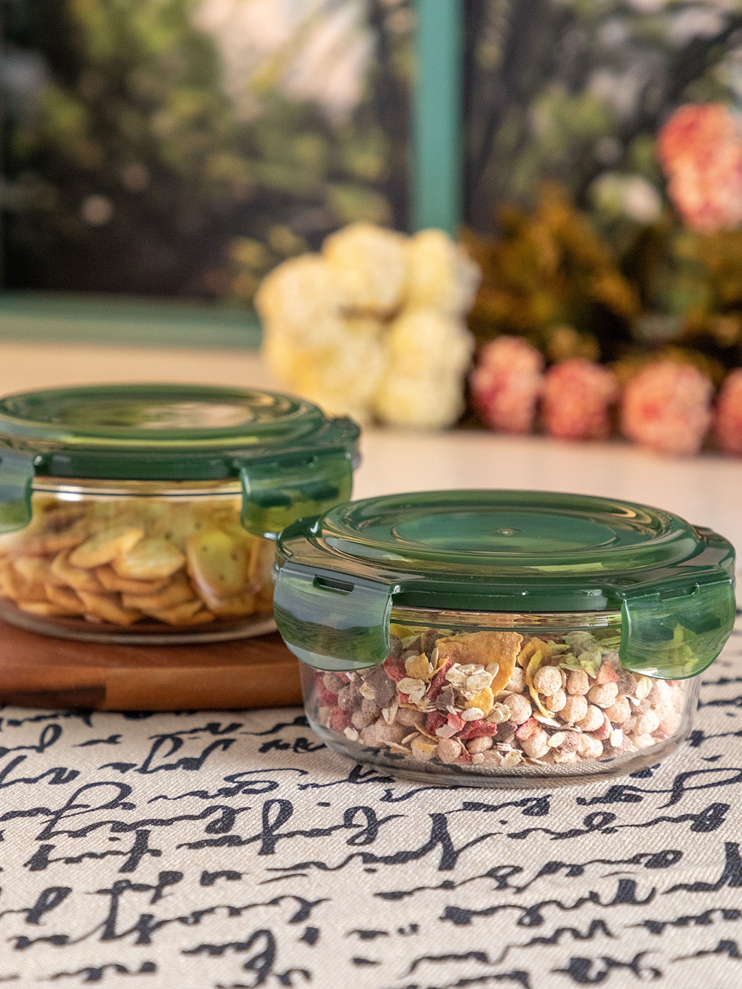 GOODHOMES Set of 2 Transparent & Green Glass Food Containers