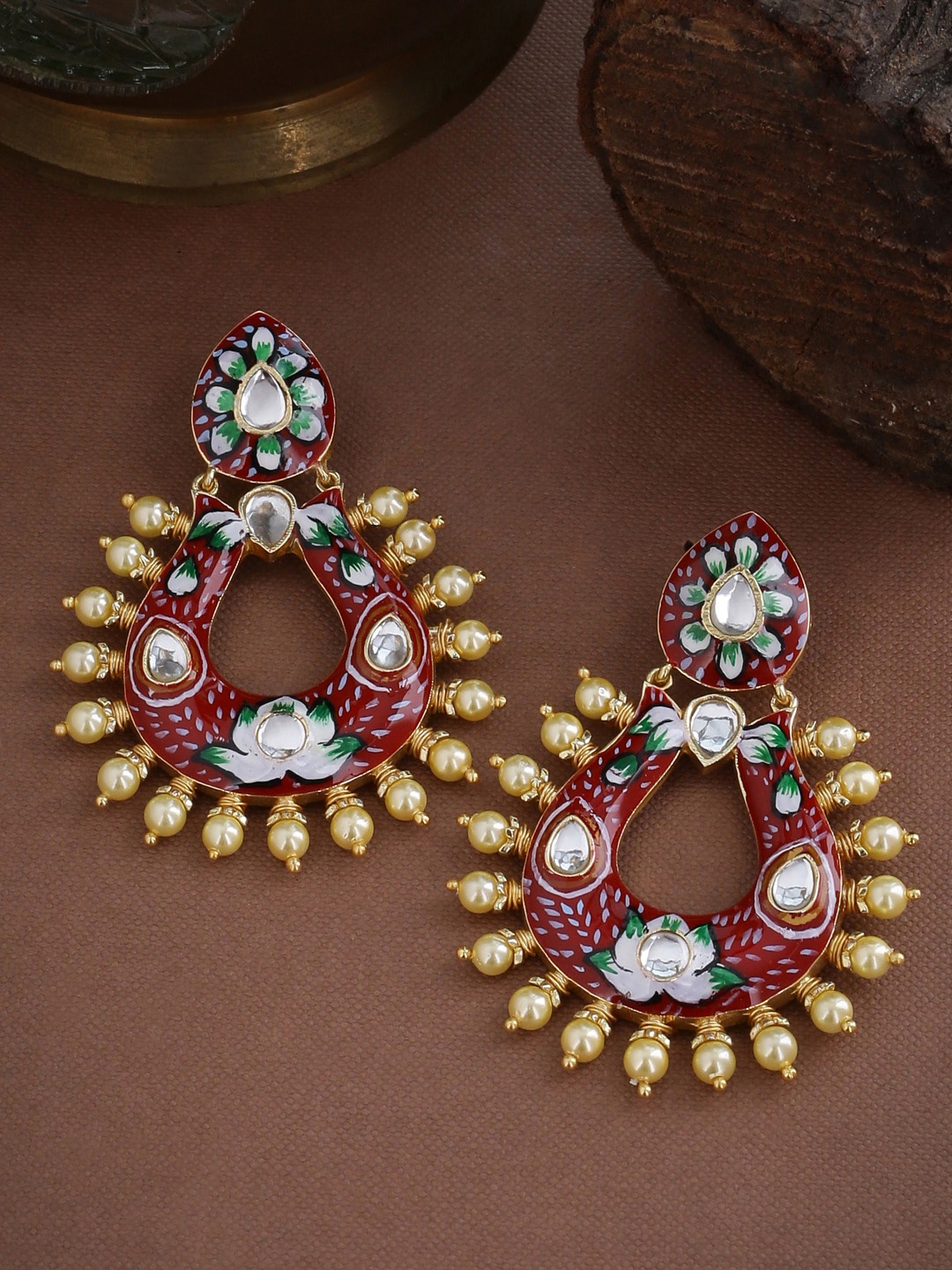 

Tistabene Maroon & Gold-Plated Meenkari Classic Drop Earrings