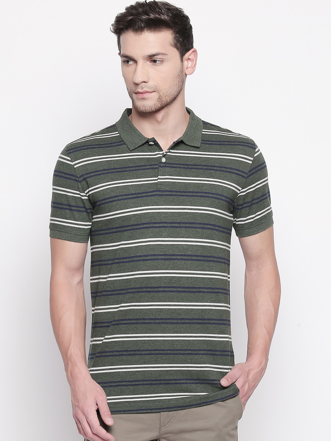 

BYFORD by Pantaloons Men Olive Green & White Striped Polo Collar T-shirt
