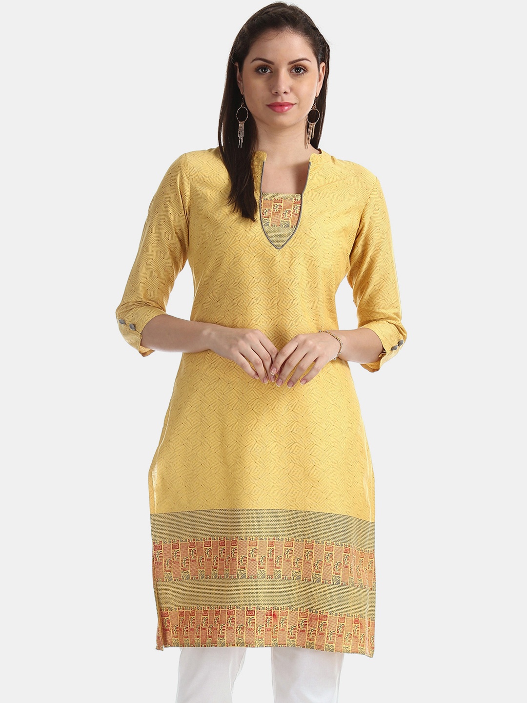 Karigari Women Yellow Printed Straight Kurta