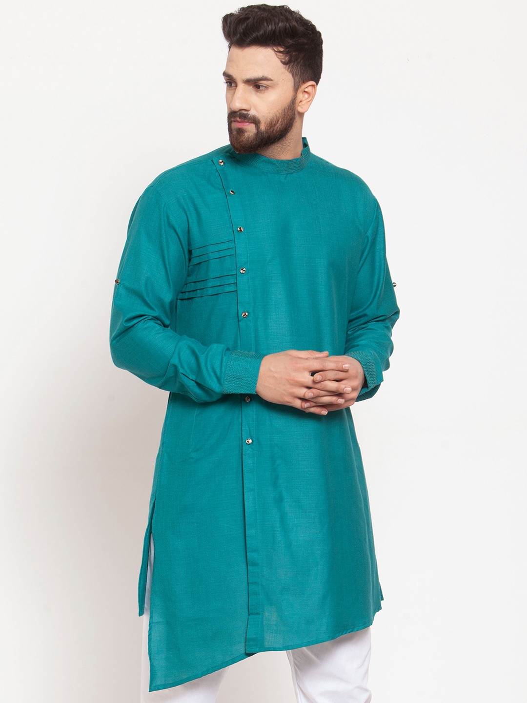 

TREEMODA Men Green Solid Straight Asymmetric Kurta