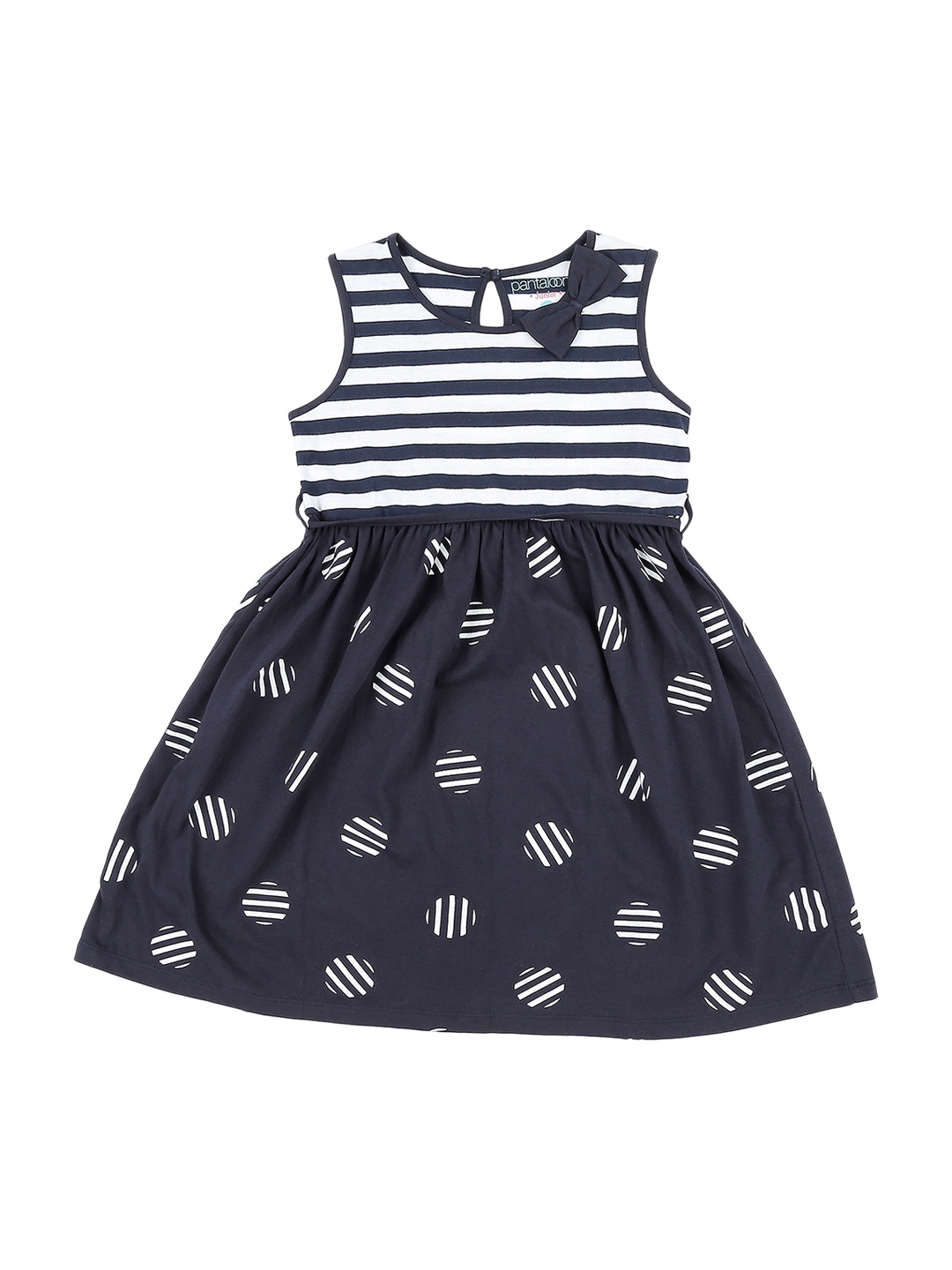 

Pantaloons Junior Girls Navy Blue & White Striped Fit and Flare Dress