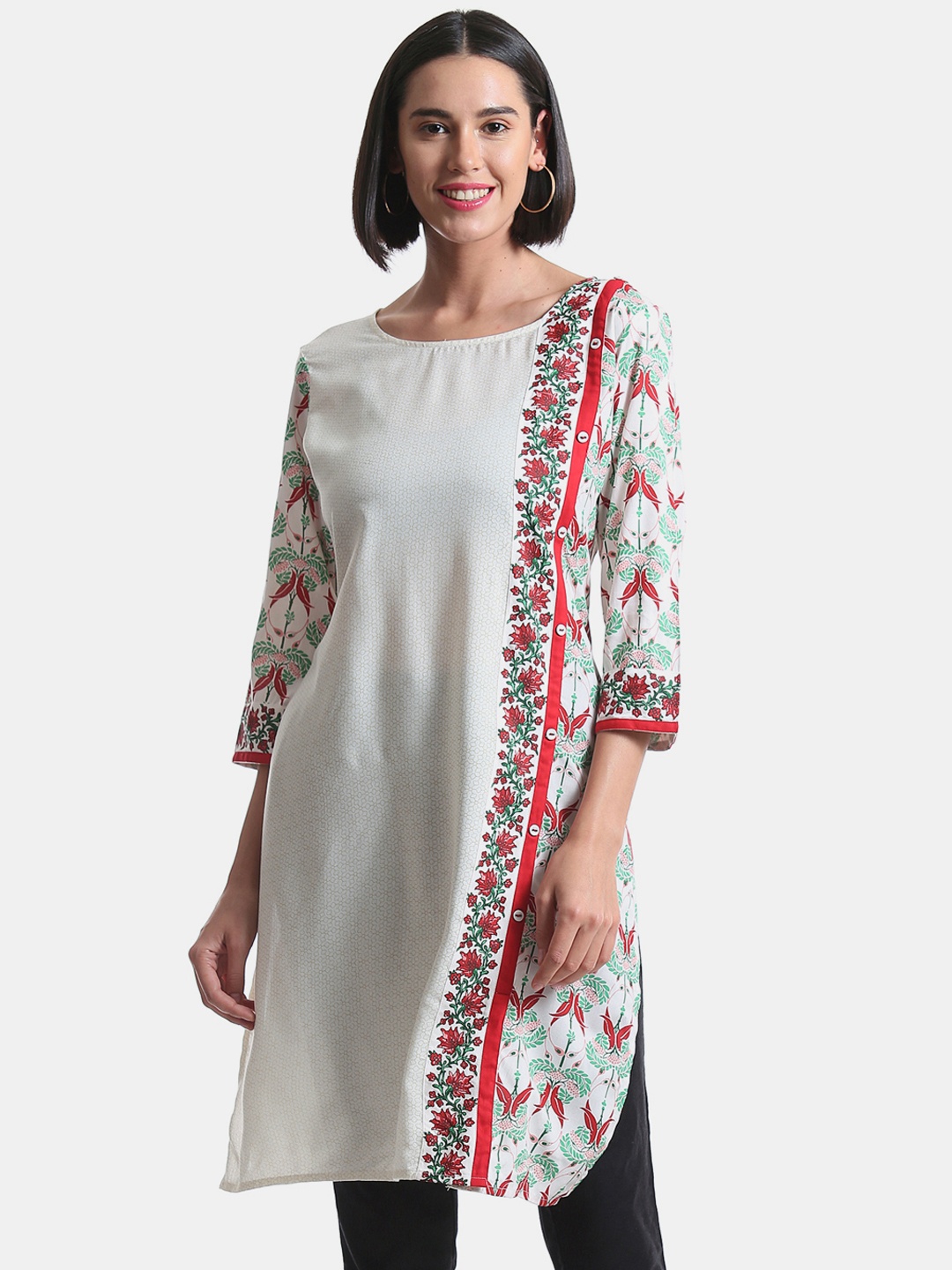 

Karigari Women Off-White & Red Printed Straight Kurta