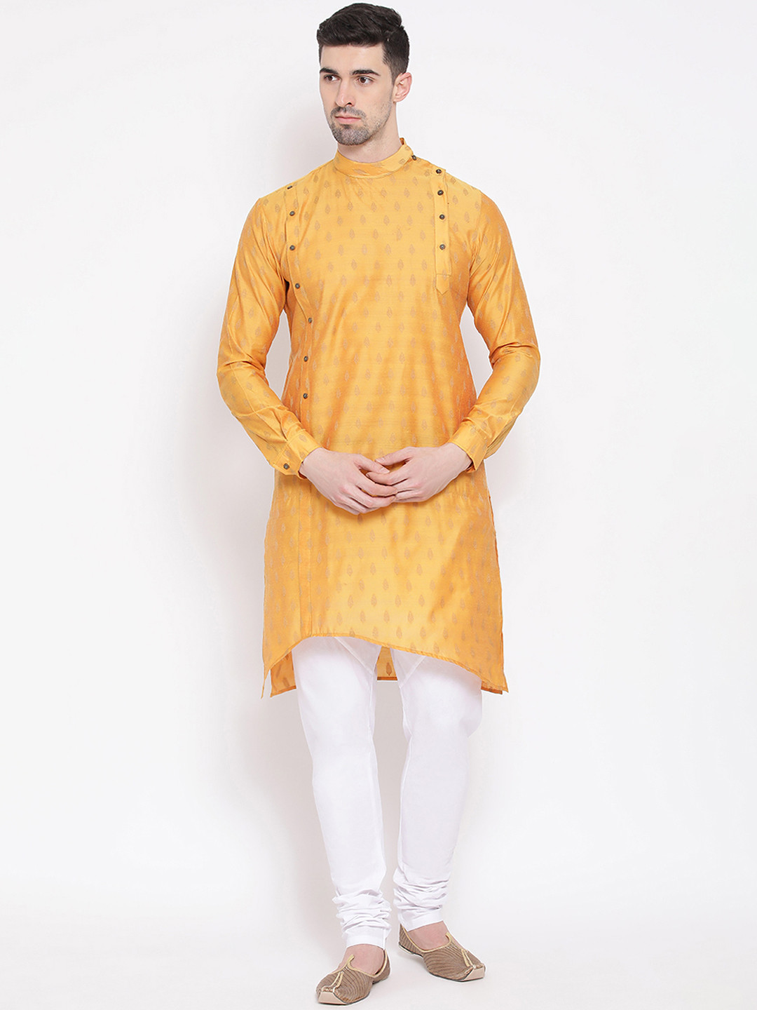 

NAMASKAR Men Yellow Silk Self Design Straight Kurta