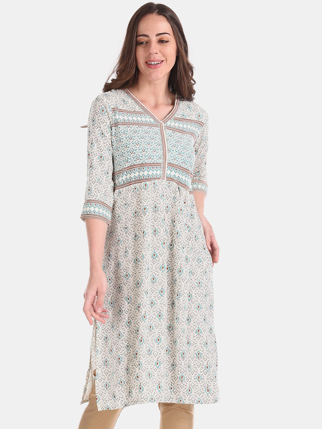 

Karigari Women Off-White & Blue Printed Straight Kurta