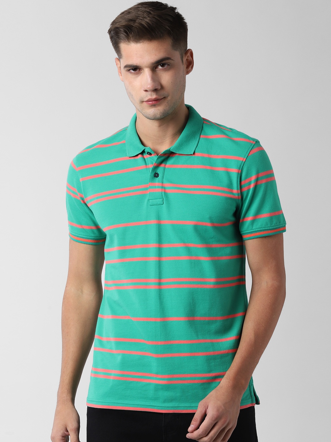 

Peter England Casuals Men Green Striped Polo Collar T-shirt