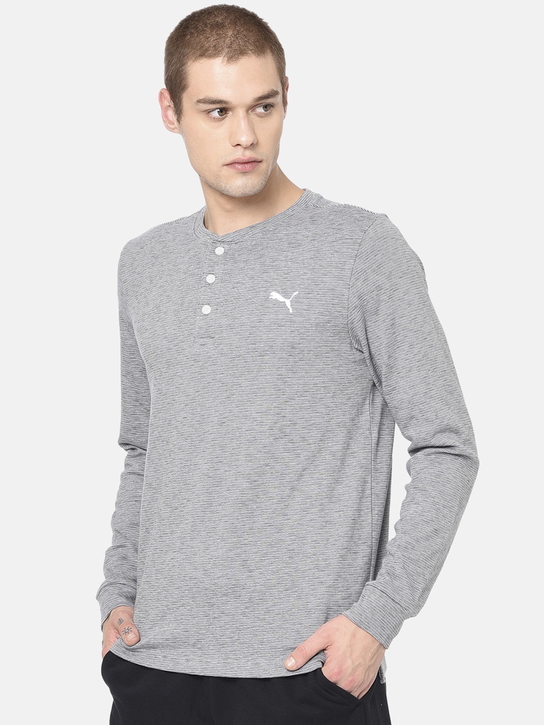 

Puma Men Grey Striped Henley Neck T-shirt