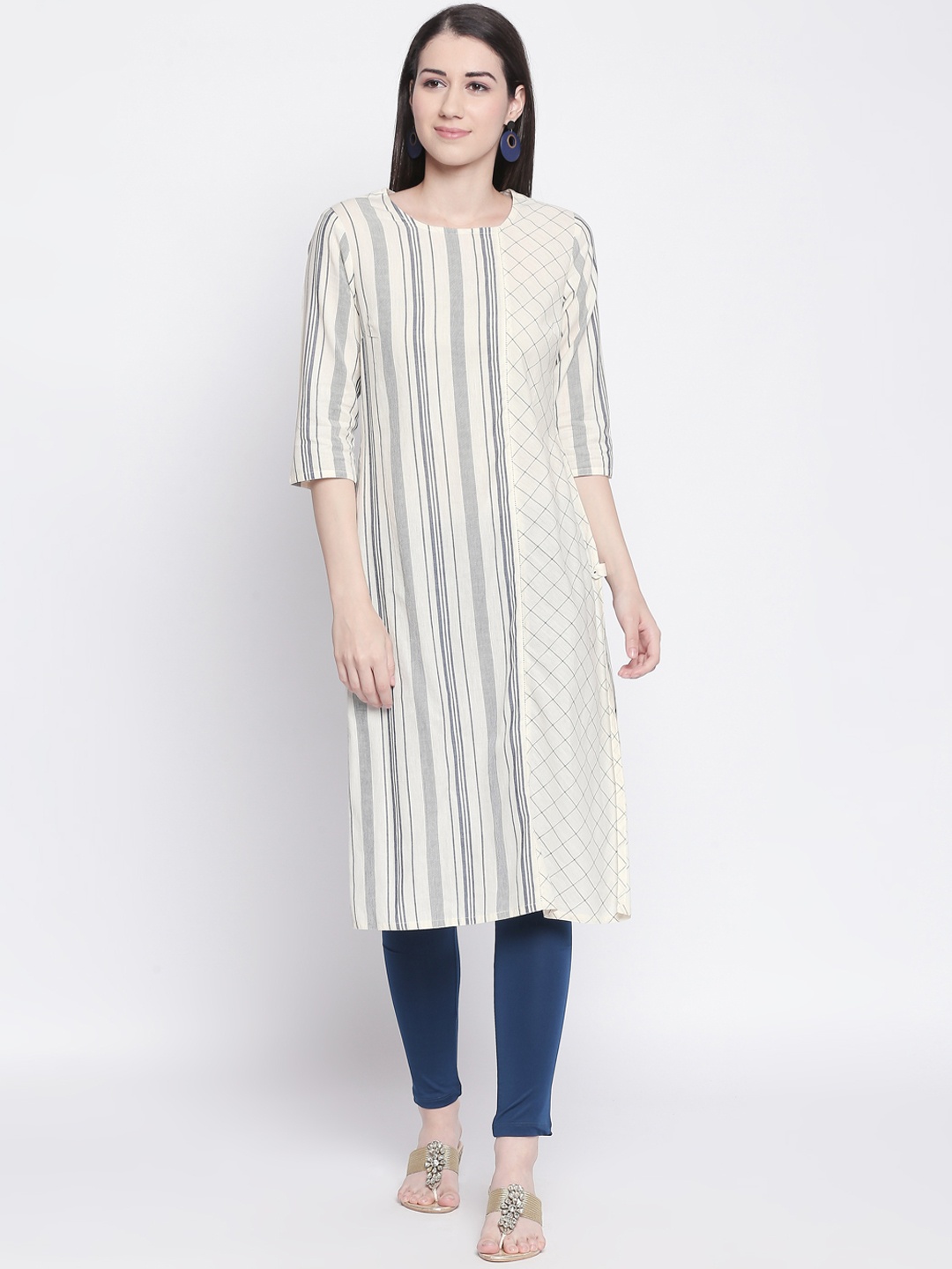 

RANGMANCH BY PANTALOONS Women Off-White & Grey Striped Straight Kurta